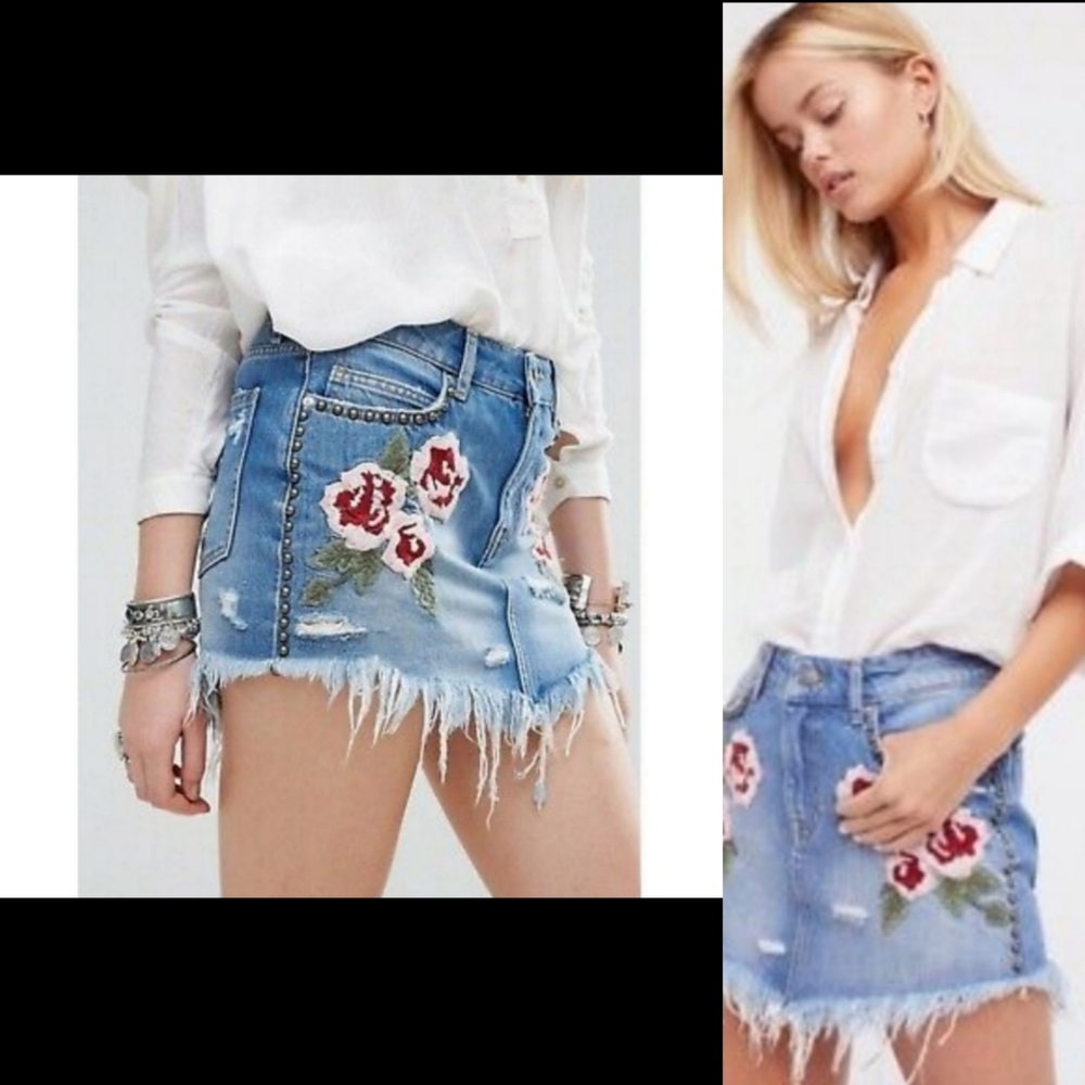 Free People Wild Rose Embroidered Studded Denim Distressed Jean Mini Skirt